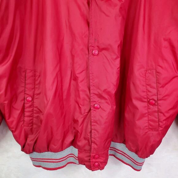 Vtg 90s Cabela's Men Sz XL Red/Gray Full Zip/Snaps Hooded Varsity Bomber Jacket - Picture 3 of 15